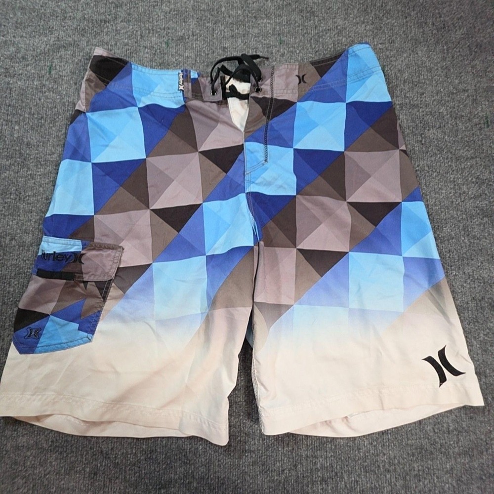 Hurley Board Shorts Mens 36 Blue Brown Geometric Surf Quick Dry Pocket Logo